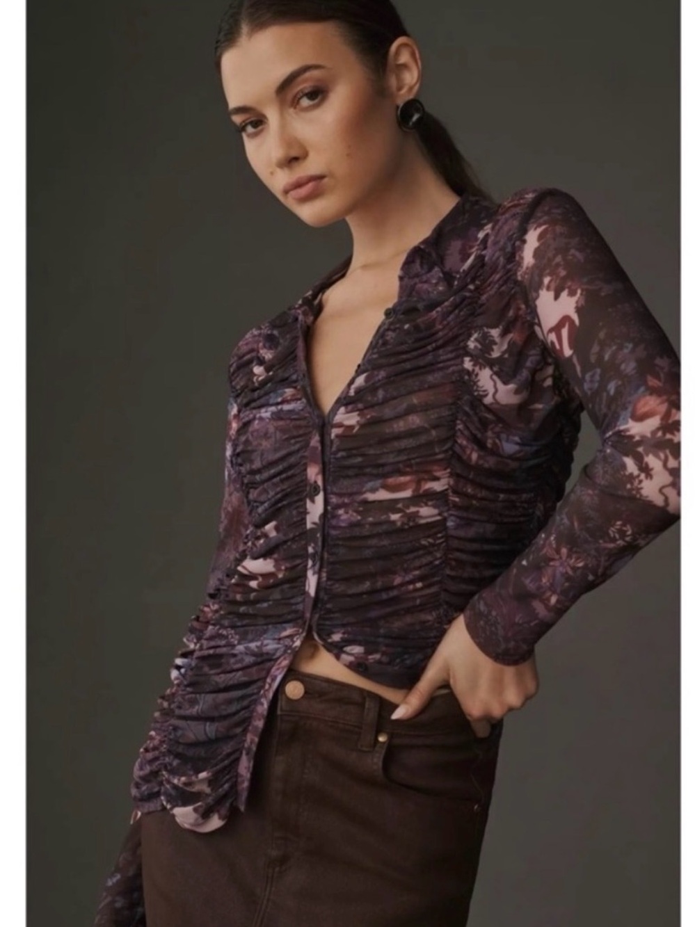 Pilcro Purple Floral Ruched Button-Down Top